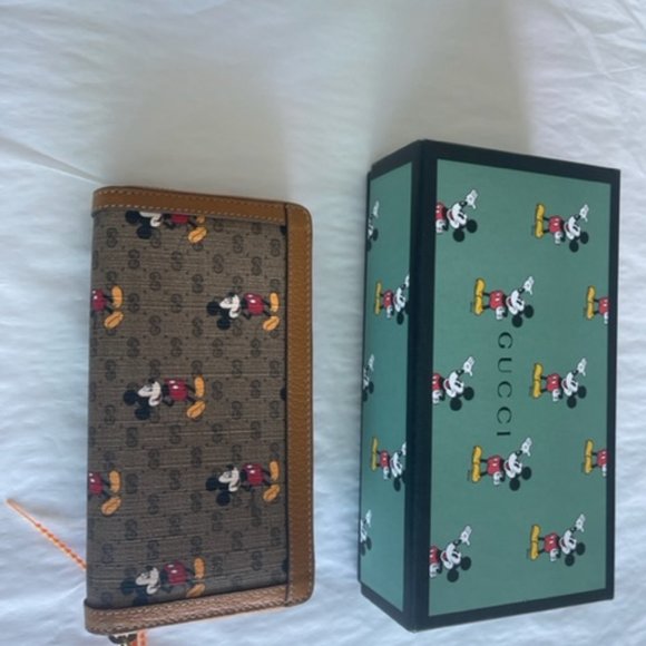 Gucci GG Disney X Mickey Mouse Zip Around Tan Gold Brown Purse Wallet Italy NEW - Picture 10 of 13